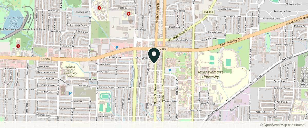 Map showing the exact location of Laser Loft Denton at 1629 N Elm St, Denton, TX 76201, USA