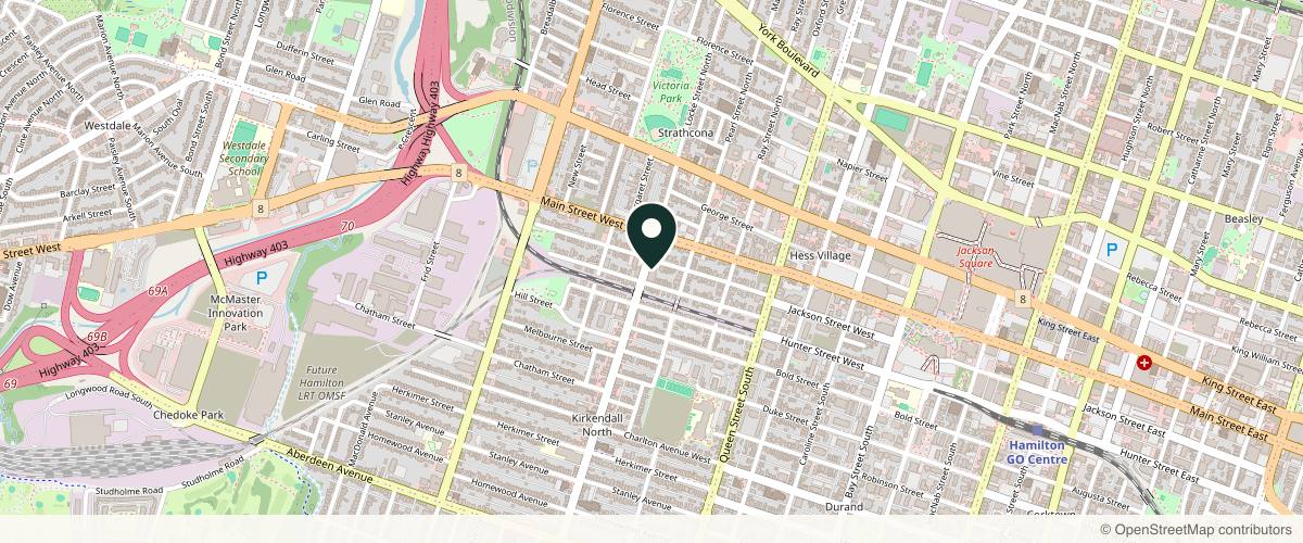 Map showing the exact location of Laserbody MD at 101 Locke St S #6, Hamilton, ON L8P 4A6, Canada