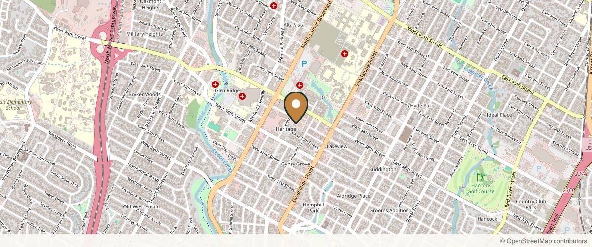 Map showing the exact location of LettyWoman Med Aesthetics at 711 W 38th St Ste G2, Austin, TX 78705, USA