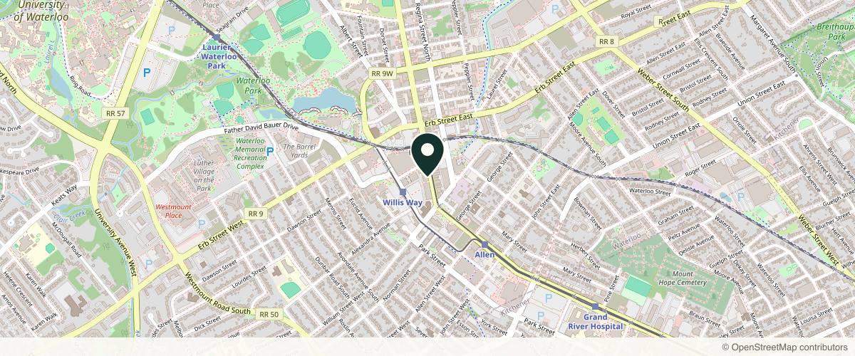 Map showing the exact location of Lift Beauty at INSIDE SALON NINETY5, 95 King St S, Waterloo, ON N2J 1P5, Canada