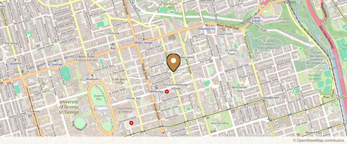 Map showing the exact location of Lips and Lines + at 557 Church St Unit 2, Toronto, ON M4Y 2E2, Canada