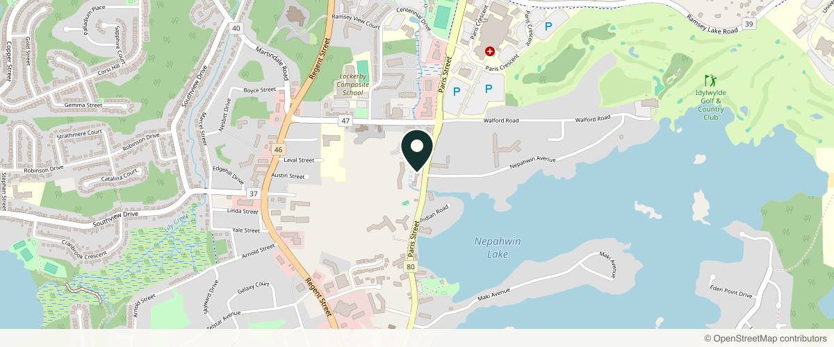 Map showing the exact location of Lips N Lines Plus Medical Esthetics at At the back of Investment Planning Counsel building, 1527 Paris St, Greater Sudbury, ON P3E 3B7, Canada
