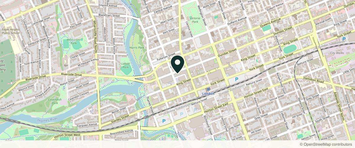 Map showing the exact location of London Plastic Surgery & Advanced Aesthetics at 123 Dundas St, London, ON N6A 1E8, Canada