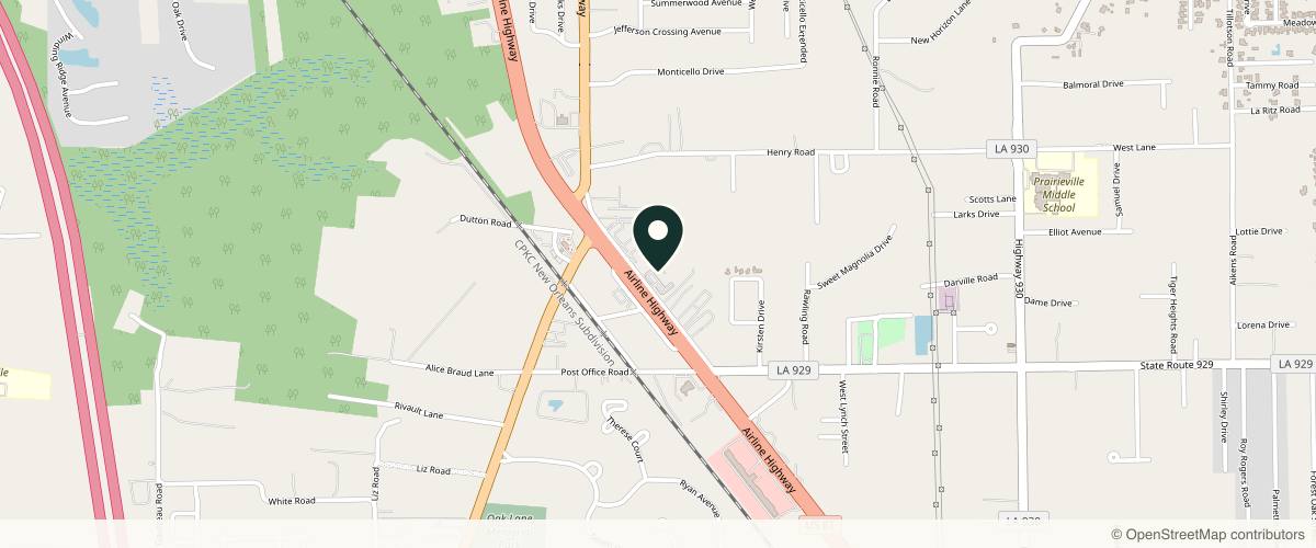 Map showing the exact location of Louisiana Aesthetics and Skincare at 16158 Airline Hwy #102, Prairieville, LA 70769, USA