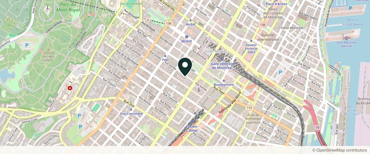 Map showing the exact location of Lumera Skin Clinique at 1216 Rue Stanley, Montréal, QC H3B 2S7, Canada