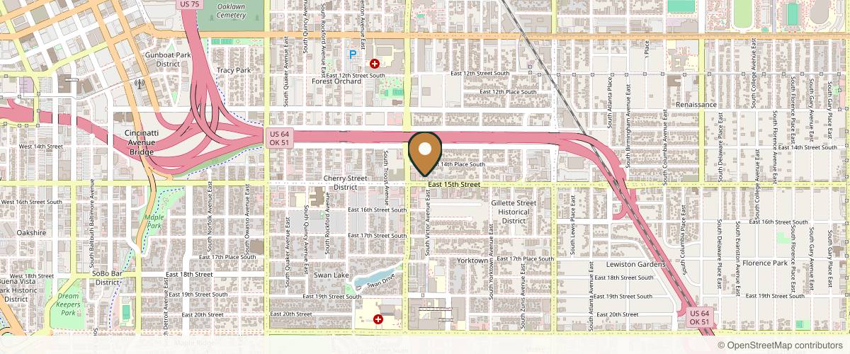 Map showing the exact location of Luminate Clinic at 1723 E 15th St Ste 100, Tulsa, OK 74104, USA