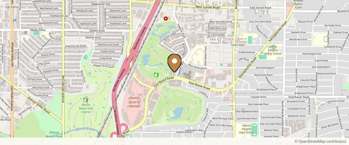 Map showing the exact location of Luna Allure Alamo Heights Spa at 555 E Basse Rd Ste 110, San Antonio, TX 78209, USA