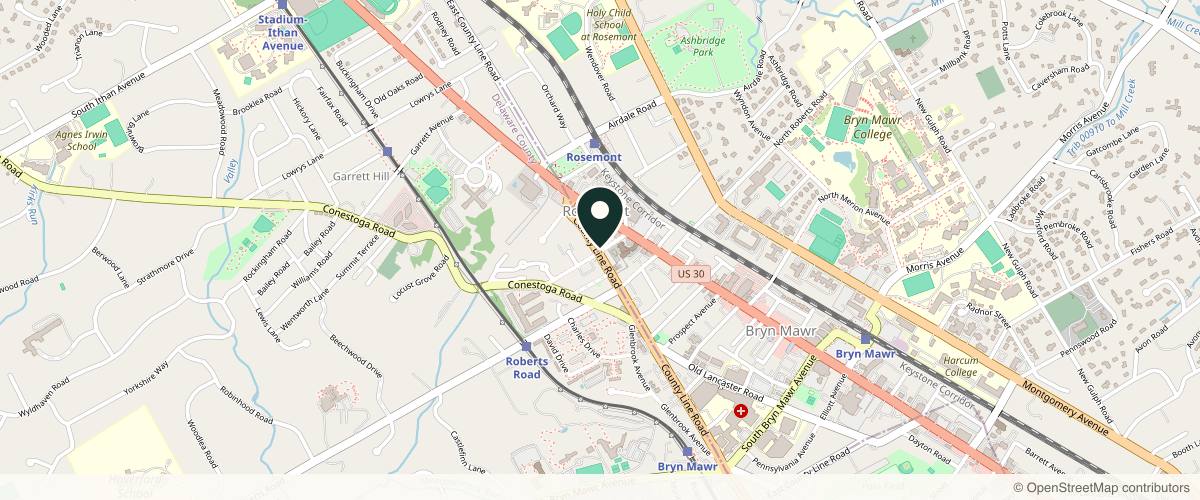 Map showing the exact location of Lux Skin & Lasers Med Spa by John Lee, MD at 1201 County Line Rd Ground Floor, Bryn Mawr, PA 19010, USA