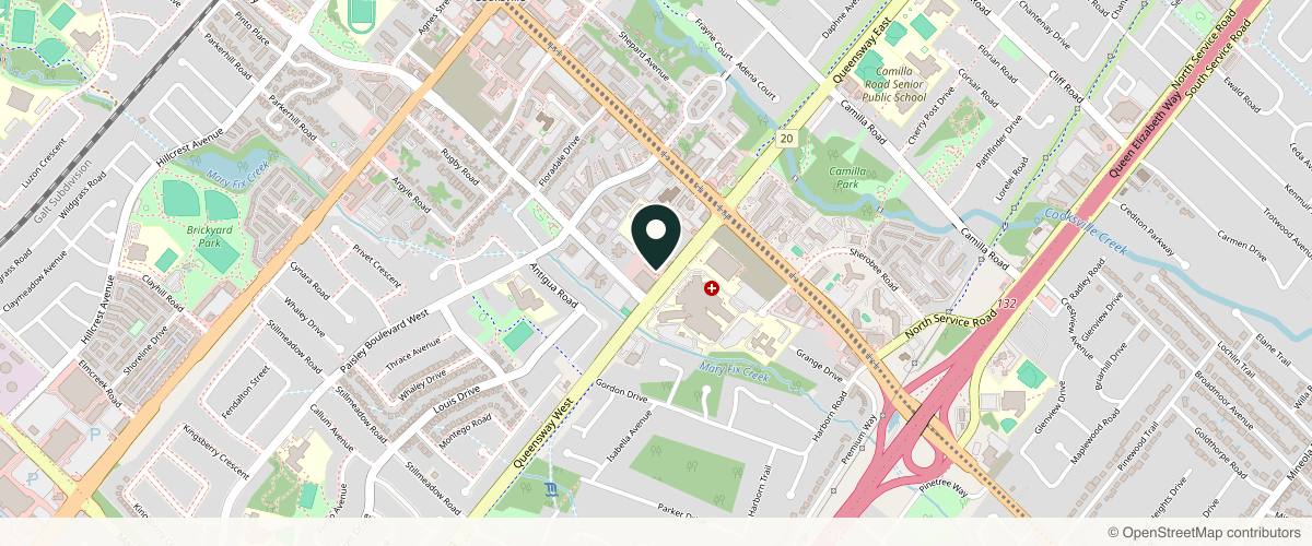 Map showing the exact location of Luxe Beauty and Wellness Spa at 89 Queensway W Ste 100, Mississauga, ON L5B 2V2, Canada