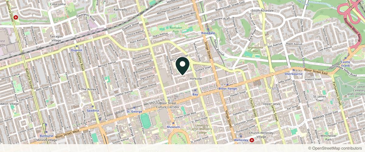 Map showing the exact location of Magy Skin & Health Clinic at 107 Scollard St Main, Toronto, ON M5R 1G4, Canada