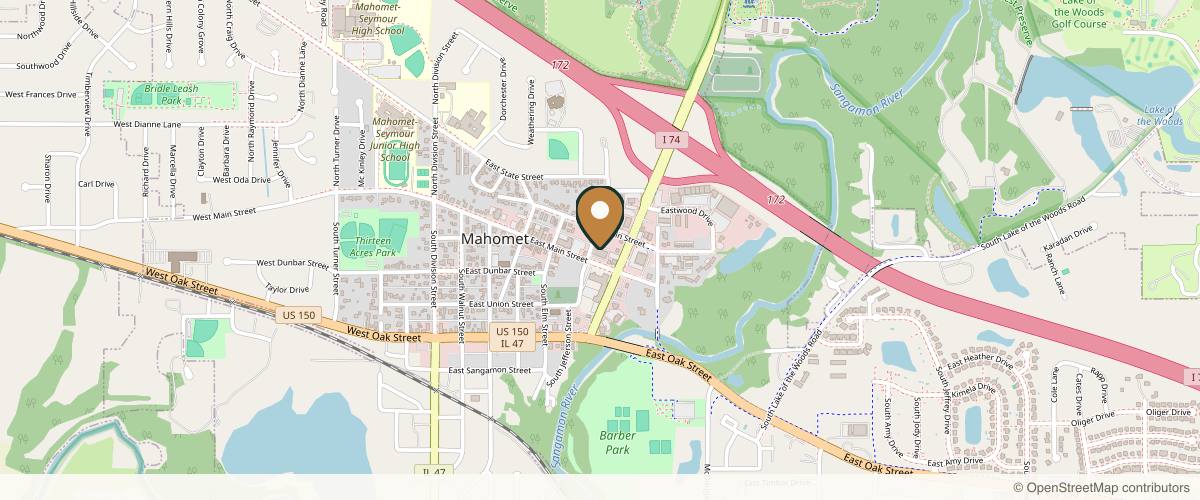 Map showing the exact location of Mahomet Med Spa at 604 E Main St Ste F, Mahomet, IL 61853, USA