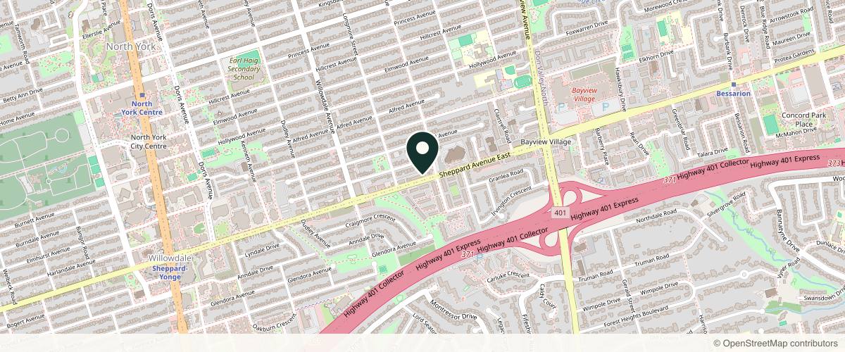 Map showing the exact location of Marmion MedSpa at 340 Sheppard Ave E #100, North York, ON M2N 3B4, Canada