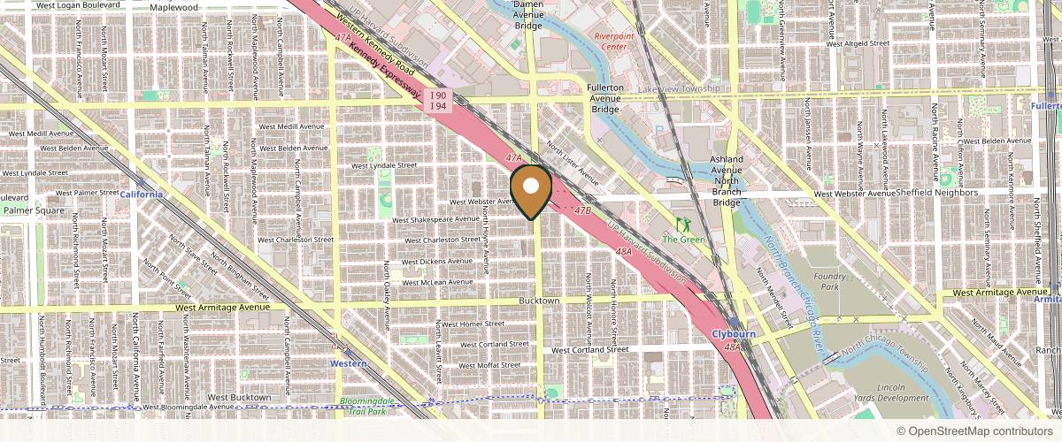 Map showing the exact location of MD Brothers at 2138 N Damen Ave Ste 1, Chicago, IL 60647, USA