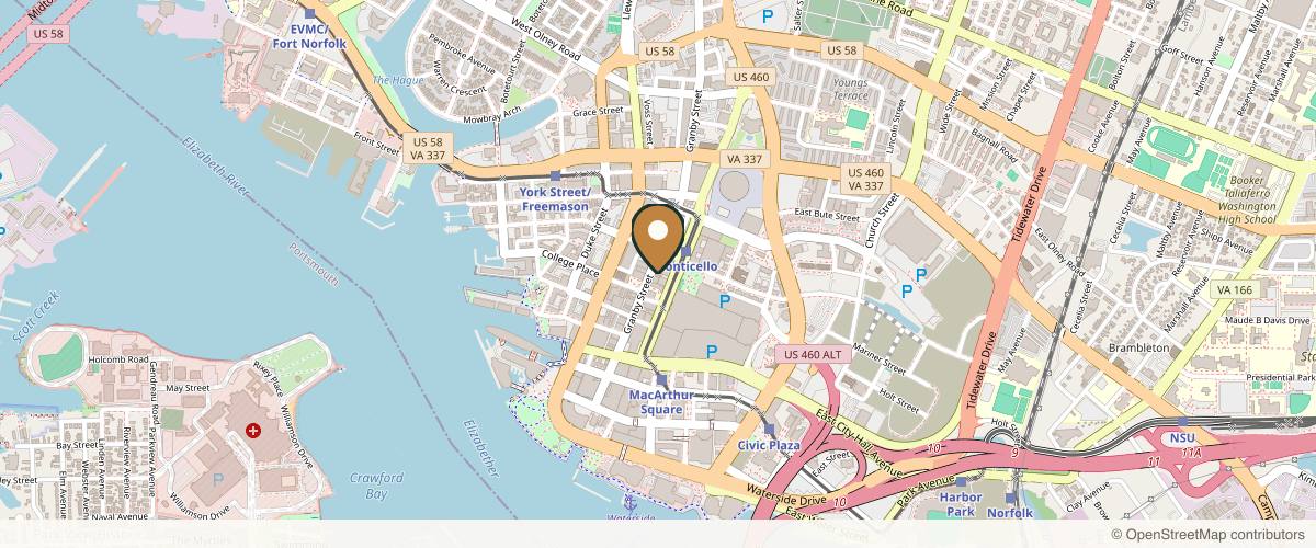 Map showing the exact location of MD Esthetics Norfolk at 332 Granby St Ste 200, Norfolk, VA 23510, USA