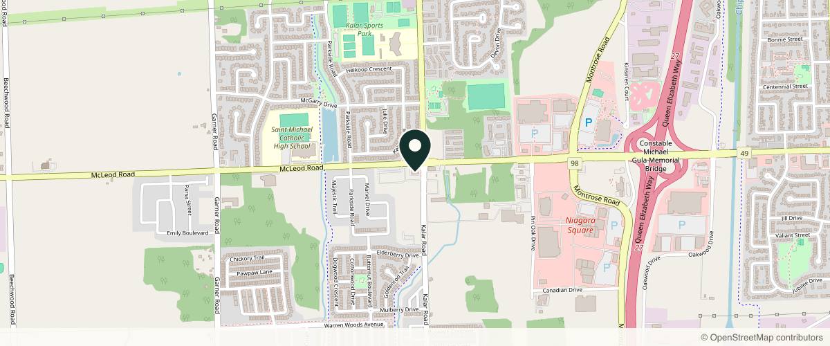 Map showing the exact location of MD Treatment Lounge - Aesthetic Medicine, Botox & Fillers, PRP, Acne & Skin Care, Weight Loss & Lifestyle Medicine at 8302 McLeod Rd Unit 2, Niagara Falls, ON L2H 3K1, Canada