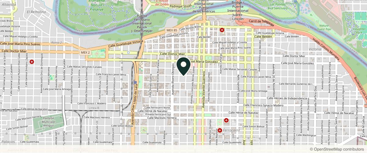 Map showing the exact location of MedSpa Weight loss & Aesthetics at C. Francisco Javier Mina 3307, Sector Centro, 88000 Nuevo Laredo, Tamps., Mexico