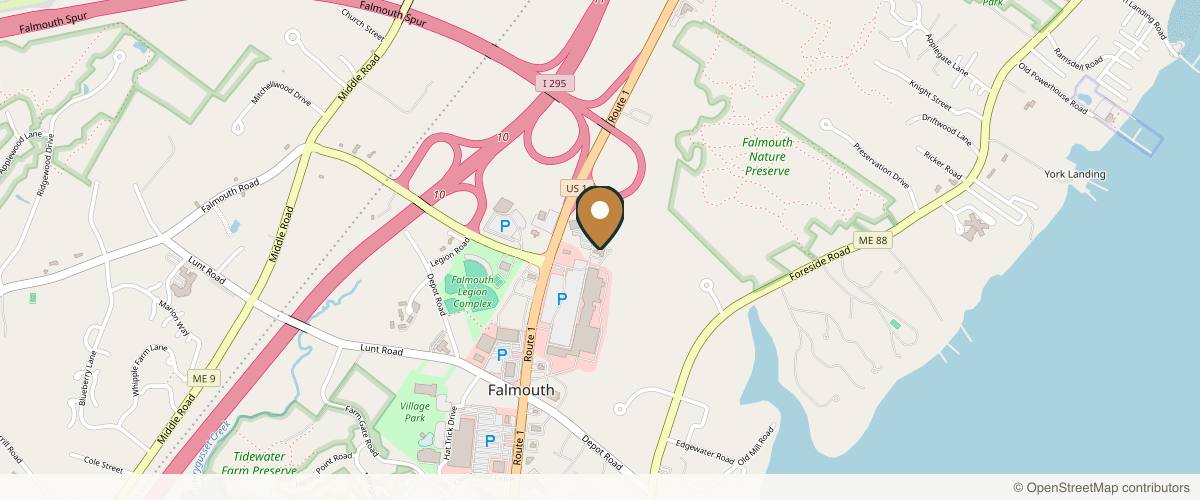 Map showing the exact location of Meg & Co. Medical Aesthetics & Laser at 267 US-1 Ste 108, Falmouth, ME 04105, USA