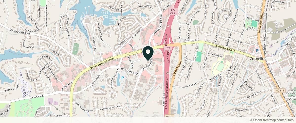 Map showing the exact location of Meraki Aesthetics and Wellness at 19615 Liverpool Pkwy Unit B, Cornelius, NC 28031, USA