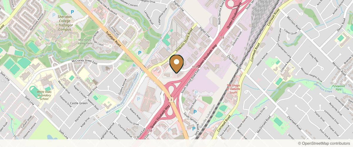 Map showing the exact location of Meraki Medi Spa - Medical Spa in Oakville at 410 North Service Rd E Ste 300, Oakville, ON L6H 5R2, Canada