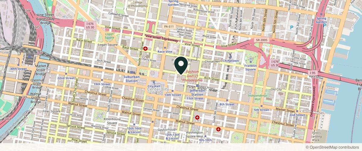 Map showing the exact location of Metro Laser CoolSculpting MedSpa Philadelphia at 1216 Arch St #3B, Philadelphia, PA 19107, USA