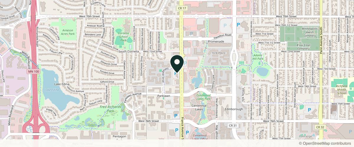 Map showing the exact location of Metropolitan Skin Clinic at 7300 France Ave S Ste 300, Edina, MN 55435, USA