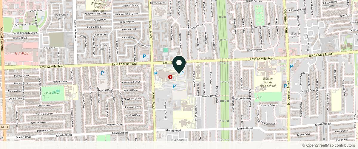 Map showing the exact location of Midwest Center for Dermatology & Cosmetic Surgery | Warren at 11900 12 Mile Rd #201, Warren, MI 48093