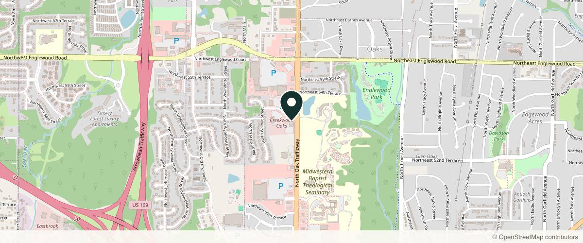 Map showing the exact location of Midwest Medical Specialists PA at 5330 N Oak Trafficway #201, Kansas City, MO 64118