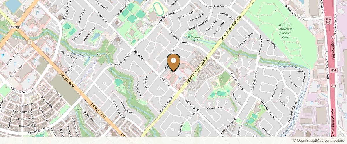 Map showing the exact location of Mirage Esthetics Spa at 1011 Upper Middle Rd E Unit C13 E, Oakville, ON L6H 4L2, Canada