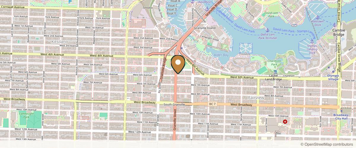 Map showing the exact location of Miraj Hammam Spa at 1495 W 6th Ave, Vancouver, BC V6H 4E9, Canada