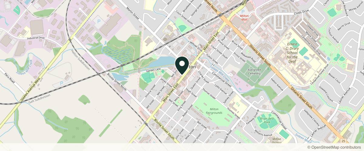 Map showing the exact location of Mirror By Nurse Yara at 189 Main St E, Milton, ON L9T 1S2, Canada