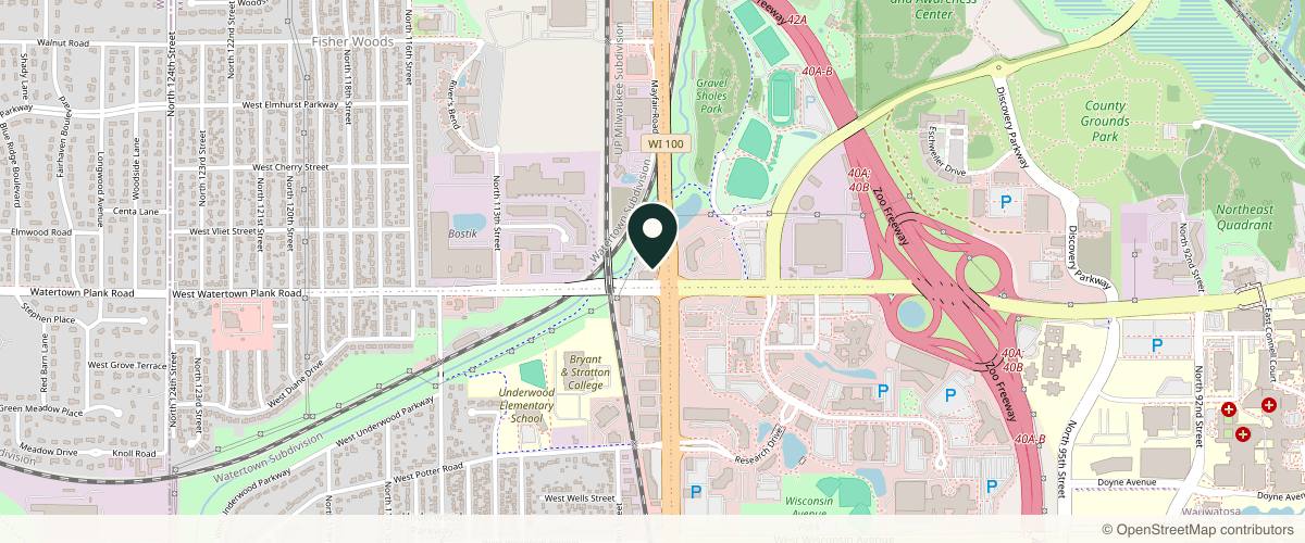 Map showing the exact location of MKE Aesthetics & Wellness at 1233 N Mayfair Rd #120, Wauwatosa, WI 53226, USA