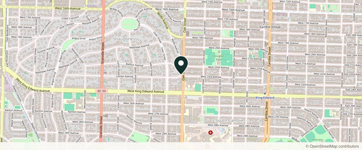 Map showing the exact location of Model Skin MD Cosmetic Skin and Laser Clinic at 3899 Oak St, Vancouver, BC V6H 1Y2, Canada