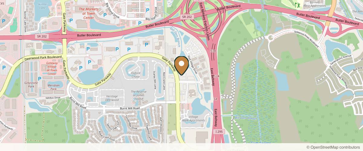 Map showing the exact location of Modern Aesthetic Centers - Gate Parkway at 11525 Vlg Xing Dr Unit 2000, Jacksonville, FL 32256, USA