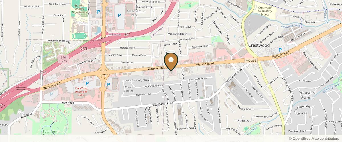 Map showing the exact location of Modern Med | STL Med Spa | Aesthetics & Wellness at 10010 Watson Rd, St. Louis, MO 63126, USA
