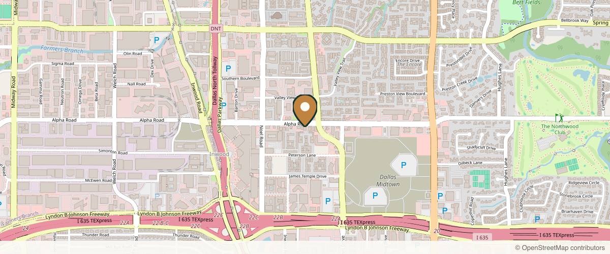 Map showing the exact location of Modern Medical Spa at 5422 Alpha Rd, Dallas, TX 75240, USA