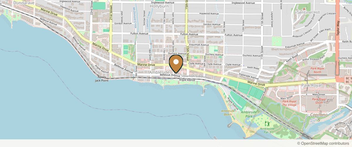 Map showing the exact location of Monarch MD Medical Aesthetics by Dr. Eli Akbari, MD, FRCSC. at 210 16th St, West Vancouver, BC V7V 1A6, Canada