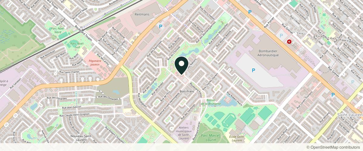 Map showing the exact location of Mouna MédiSpa - Esthétique Saint-Laurent at 2555 Rue des Nations #101, Saint-Laurent, QC H4R 3C8, Canada