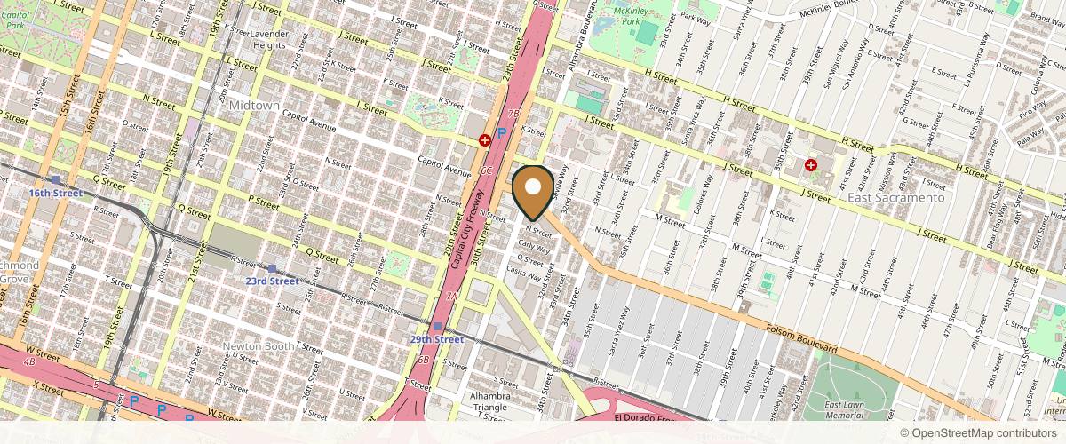 Map showing the exact location of NakedMD Med Spa Sacramento at 1315 Alhambra Blvd Ste 200, Sacramento, CA 95816, USA