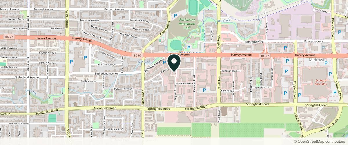 Map showing the exact location of Namaste Day Spa & Medical Spa (Organic Skin Shop) at Landmark 6, 1631 Dickson Ave 1260 12th Floor, Kelowna, BC V1Y 0B5, Canada
