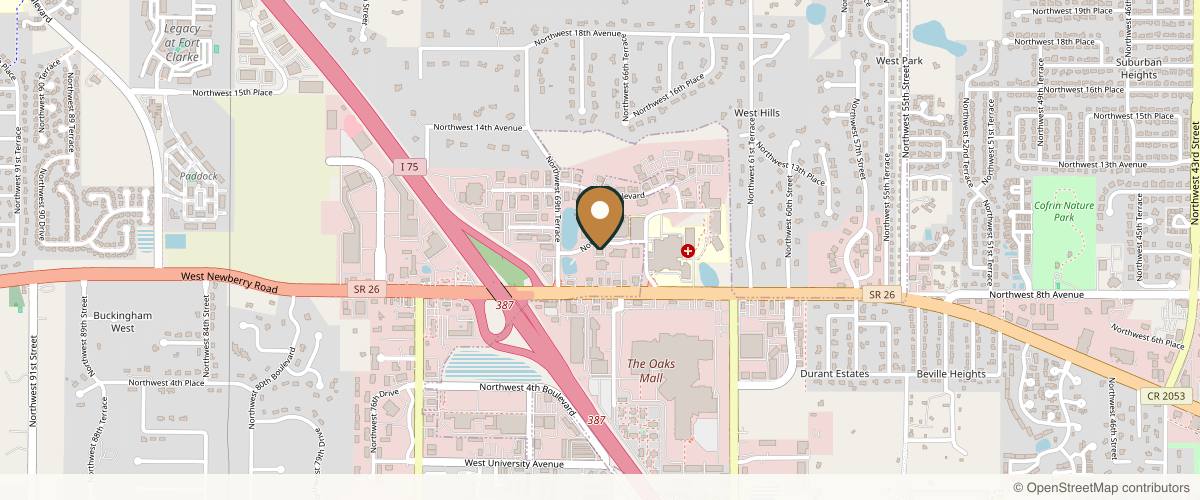 Map showing the exact location of Nesmith Plastic Surgery Center at 6801 NW 9th Blvd #2, Gainesville, FL 32605, USA