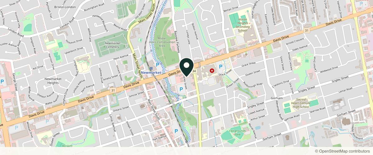 Map showing the exact location of NewM Clinic - Skin Lesions Removal and IV Therapy Services at 21 Charles St office 2, Newmarket, ON L3Y 3V7, Canada