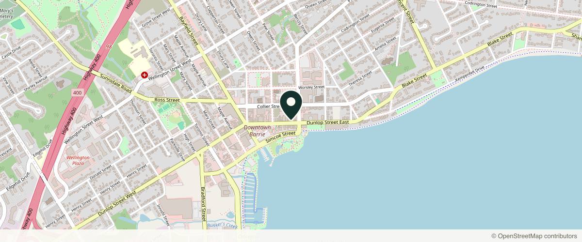 Map showing the exact location of North Valley Medical Aesthetics | Barrie’s Premier Clinic at 112 Dunlop St E #104, Barrie, ON L4M 1A4, Canada