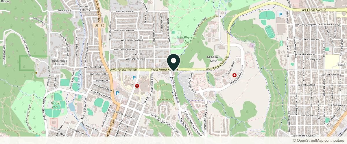 Map showing the exact location of Northern Arizona Dermatology Center at 1490 N Turquoise Dr, Flagstaff, AZ 86001, USA