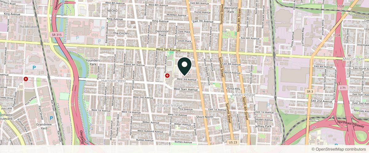 Map showing the exact location of Novirra at 72 W 3rd Ave, Columbus, OH 43201, USA
