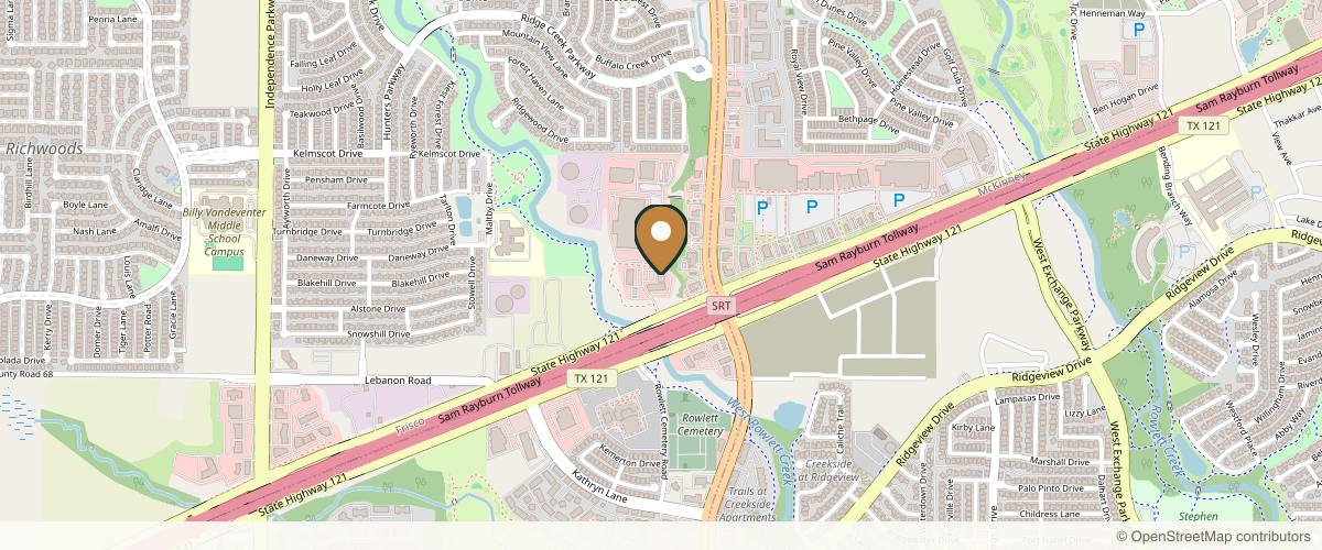 Map showing the exact location of Novuskin Med Spa Frisco at 16100 State Hwy 121 bldg b 220, Frisco, TX 75035, USA