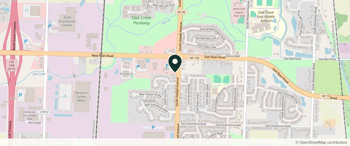 Map showing the exact location of NuDerma MedSpa & Wellness Center at 9585 S Howell Ave Ste 2, Oak Creek, WI 53154, USA