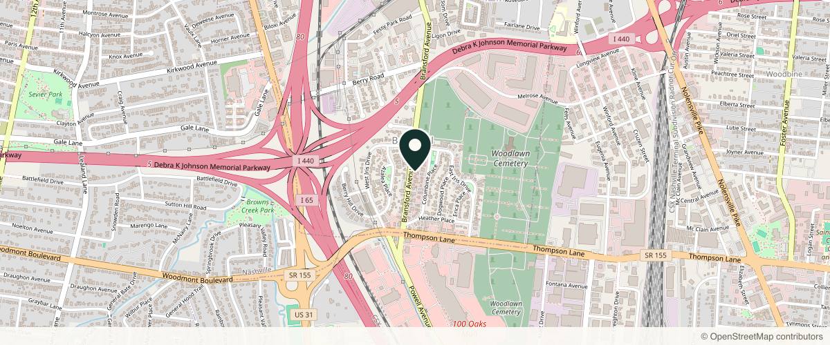 Map showing the exact location of Nuud Skin Co. at 2810A Bransford Ave, Nashville, TN 37204, USA