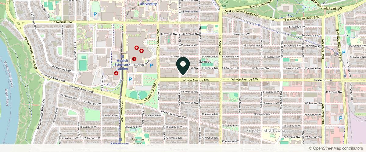 Map showing the exact location of NUYU Medispa & Wellness at 11044 82 Ave NW #340, Edmonton, AB T6G 0T2, Canada
