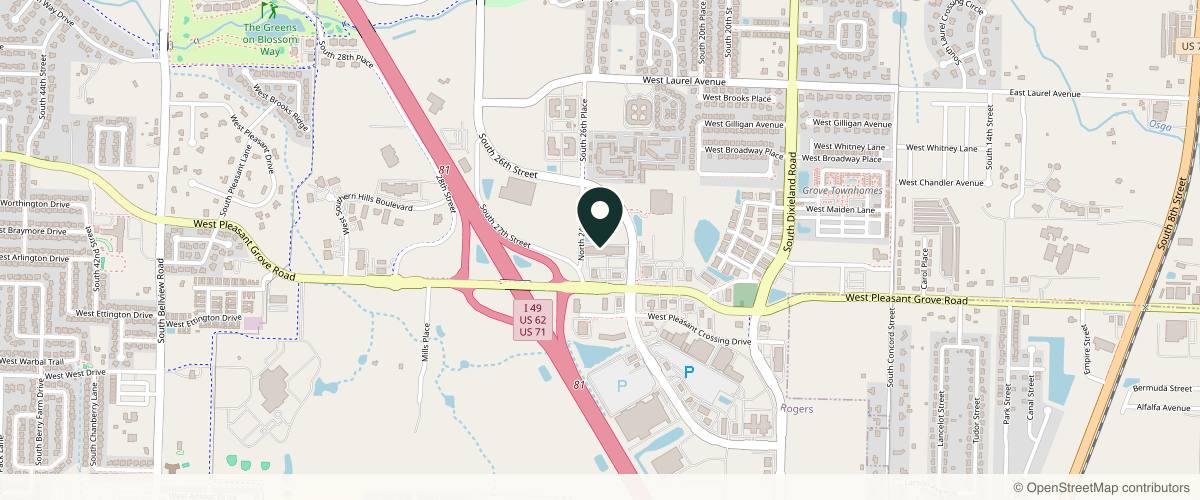 Map showing the exact location of NWA Aesthetics and Fertility at 2603 W Pleasant Grove Rd #106, Rogers, AR 72758, USA