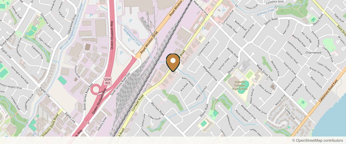 Map showing the exact location of Oakville Skin and Dermatology at ICLS at 1344 Cornwall Rd, Oakville, ON L6J 7W5, Canada